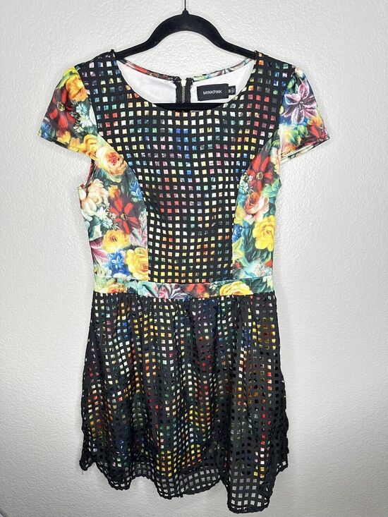 MINKPINK Dresses & Skirts - MINKPINK Dress Womens Medium Black Floral Lattice Mesh Fit & Flare Exposed Zip